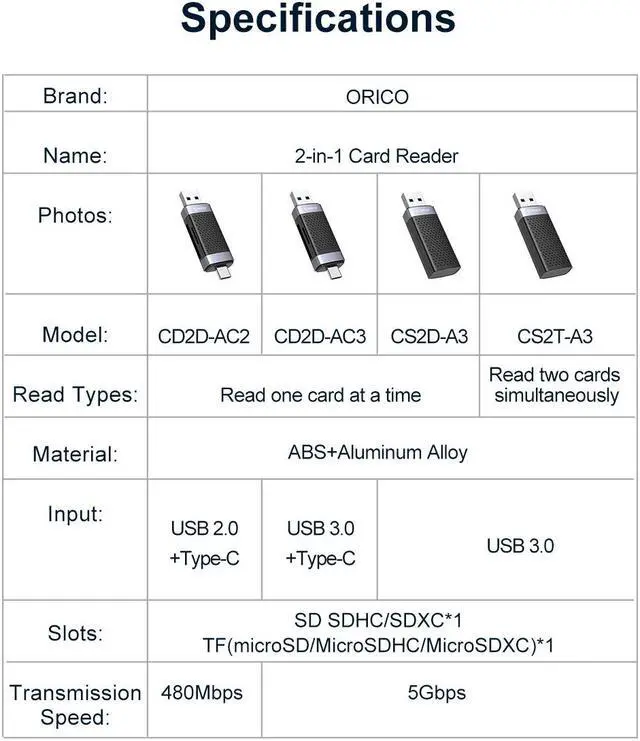 Alt view image 7 of 7 - ORICO USB3.0 SD TF Card Reader Memory Portable Smart Card Reader to SDXC, SDHC, MMC Memory Card Adapter PC Laptop Accessories 2 in 1, USB3.0  to TF/SD Single Read