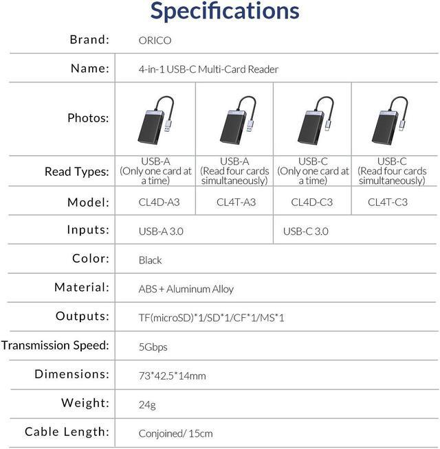 Alt view image 6 of 7 - All Read USB C Card Reader with Case, ORICO 4 in 1  SD TF CF MS Memory Smart Card Reader Compact Flash Card Adapter 15cm Cable for Laptop, Phone