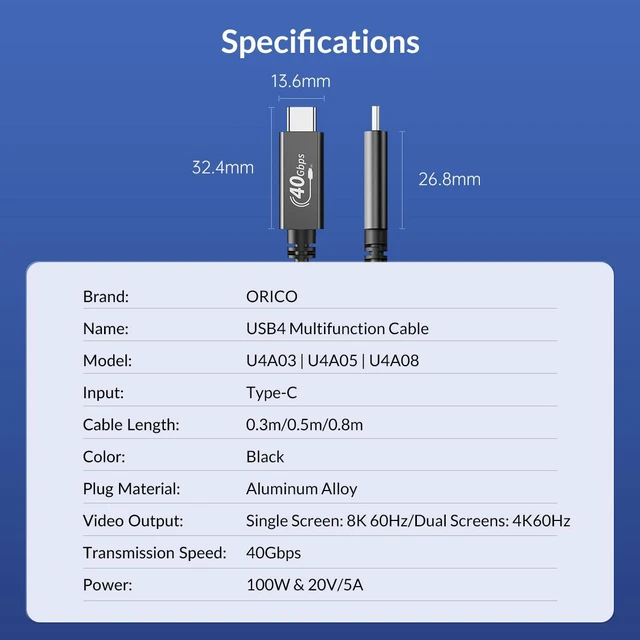 Alt view image 7 of 7 - IF Certified ORICO USB4 to USB C Cable 40Gbps Transfer 1ft/30cm, 100W PD, USB C to USB C Cable Compitable with Thunderbolt 3 Thunderbolt 4 Cable Support 8K@60Hz(Dual 4K@ 60Hz) for MacBook, DELL