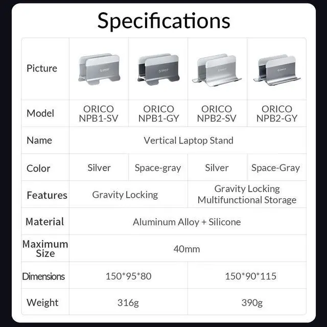 Alt view image 7 of 7 - ORICO Aluminum Vertical Laptop Stand Gravity Locking Holder Desktop Notebook Stand Tablet Stand for Storage MacBook Dell Samsung Gray