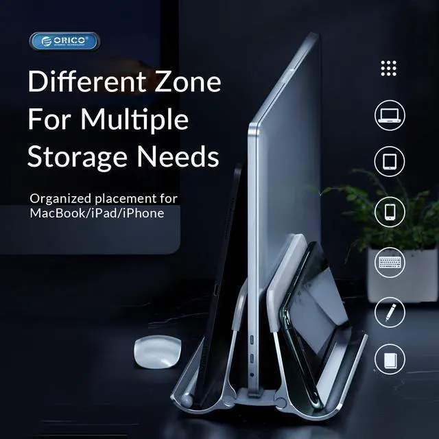 Alt view image 2 of 7 - ORICO Aluminum Vertical Laptop Stand Gravity Locking Holder Desktop Notebook Stand Tablet Stand for Storage MacBook Dell Samsung Gray