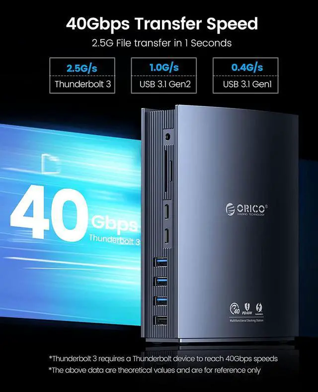Alt view image 2 of 7 - Thunderbolt 3 Dock, ORICO USB C Docking Station Dual Monitor, 15 in 1 Docking Station for USB-C Laptop, Dual 4K@60Hz Display, DP1.4 Displayport,USB-A Gen 1, USB-C Gen 2, for MacBook Mac & Windows