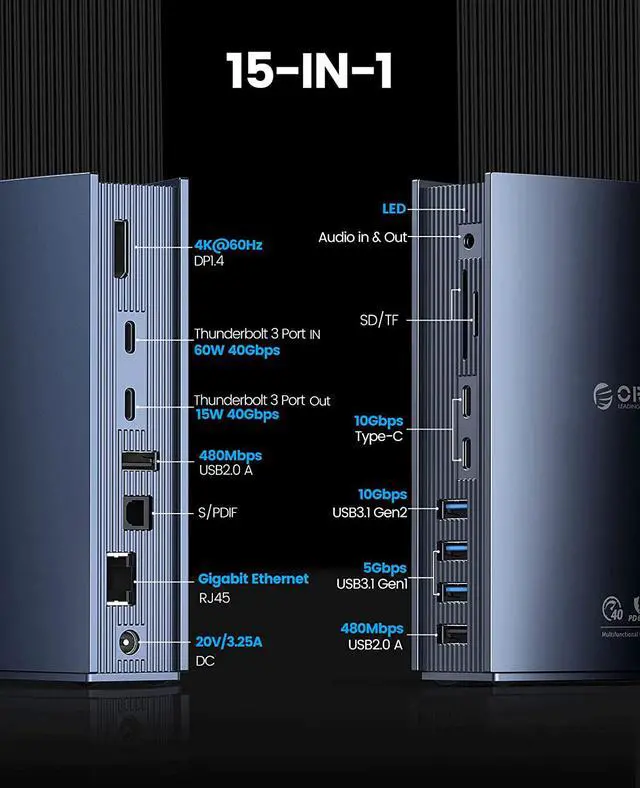 Alt view image 4 of 7 - Thunderbolt 3 Dock, ORICO USB C Docking Station Dual Monitor, 15 in 1 Docking Station for USB-C Laptop, Dual 4K@60Hz Display, DP1.4 Displayport,USB-A Gen 1, USB-C Gen 2, for MacBook Mac & Windows