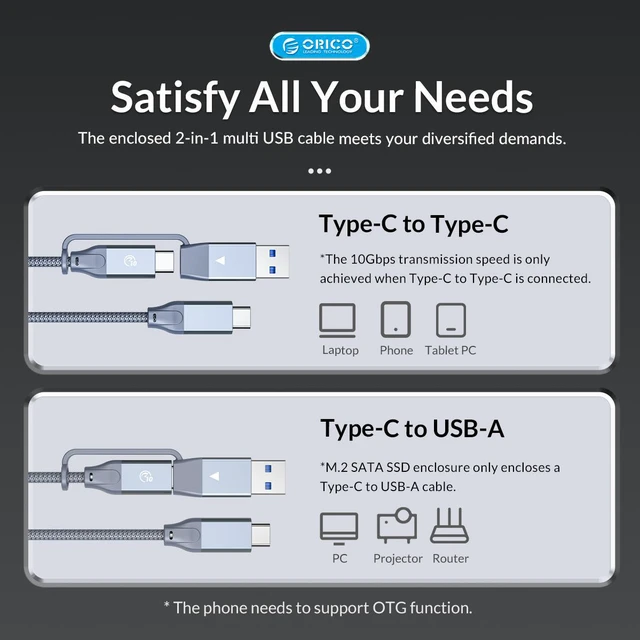 Alt view image 7 of 7 - ORICO M2 SSD Case NVMe USB Type C Gen2 10Gbps PCIe SSD Enclosure M.2 NVMe Enclosure Solid State Drive Case With 2 in 1 Cable