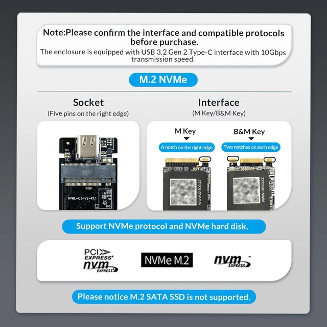 Alt view image 2 of 7 - ORICO M2 SSD Case NVMe USB Type C Gen2 10Gbps PCIe SSD Enclosure M.2 NVMe Enclosure Solid State Drive Case With 2 in 1 Cable