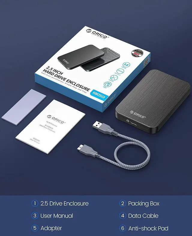 Alt view image 7 of 7 - ORICO 2.5-Inch Hard Drive Enclosure USB 3.0 to SATA for 2.5 HDD or SSD 7mm 9.5 mm External HDD Enclosure Up to 6TB with UASP Tool-Free for Office-HM25U3