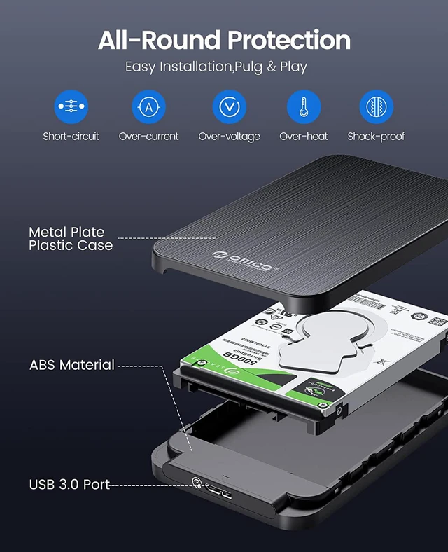 Alt view image 3 of 7 - ORICO Hard Drive Enclosure 2.5 Type-C for 2.5 HDD/SSD 7mm 9.5 mm External HDD Enclosure Up to 6TB with UASP Tool-Free for Office-HM25C3