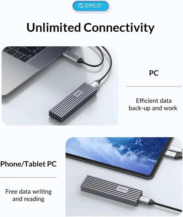 Alt view image 5 of 7 - ORICO M.2 SATA NGFF SSD Enclosure to USB-C PCIe Adapter 6Gbps USB3.2 Gen2 for SATA B-Key/B+M Key SSD 2230/2242/2260/2280 - Gray