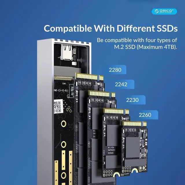 Alt view image 5 of 7 - ORICO NVMe SSD Enclosure 40Gbps M.2 to USB-C Adapter for NVMe M-Key 4TB SSD 2230/2242/2260/2280, Aluminum M2 External SSD Case, Compatible with Thunderbolt 3/4 USB3.2/3.1/3.0/Type C - Silver