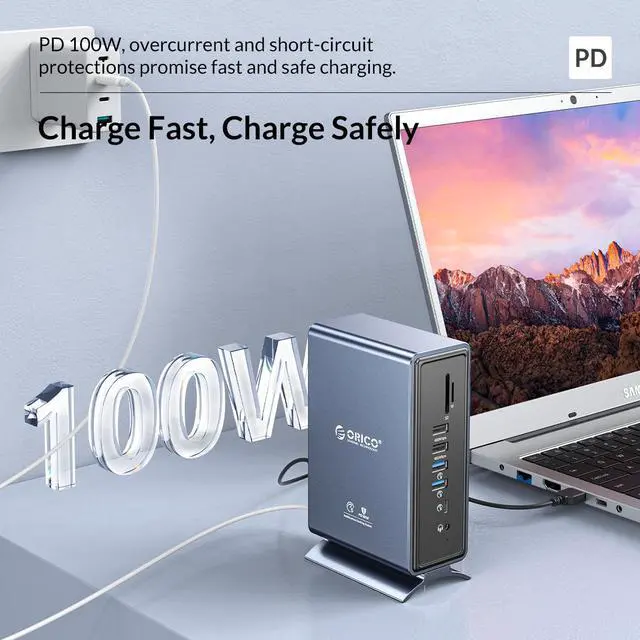Alt view image 4 of 7 - ORICO 15in1 USB C Docking Station with Dual 4K HDMI-Compatible, 8 USB Ports, DP, 100W PD, RJ45, 3.5mm Audio, TF/SD Triple Extended Display for MacBook Pro M1, Mac, Window