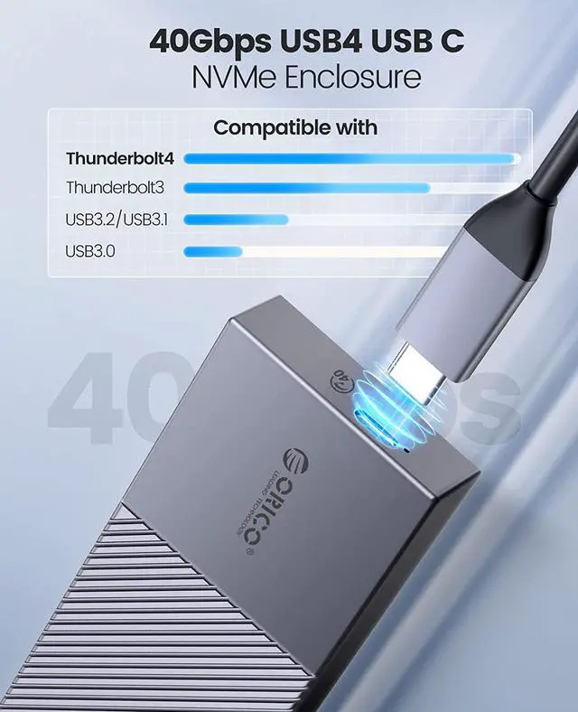Alt view image 3 of 7 - ORICO USB4 M.2 SSD Case 40Gbps M2 NVMe SSD Enclosure Full Aluminum Compatible with Thunderbolt 3 USB4 USB 3.2/3.1/3.0 USB-C to C and USB-A to C Cables, Up to 4TB