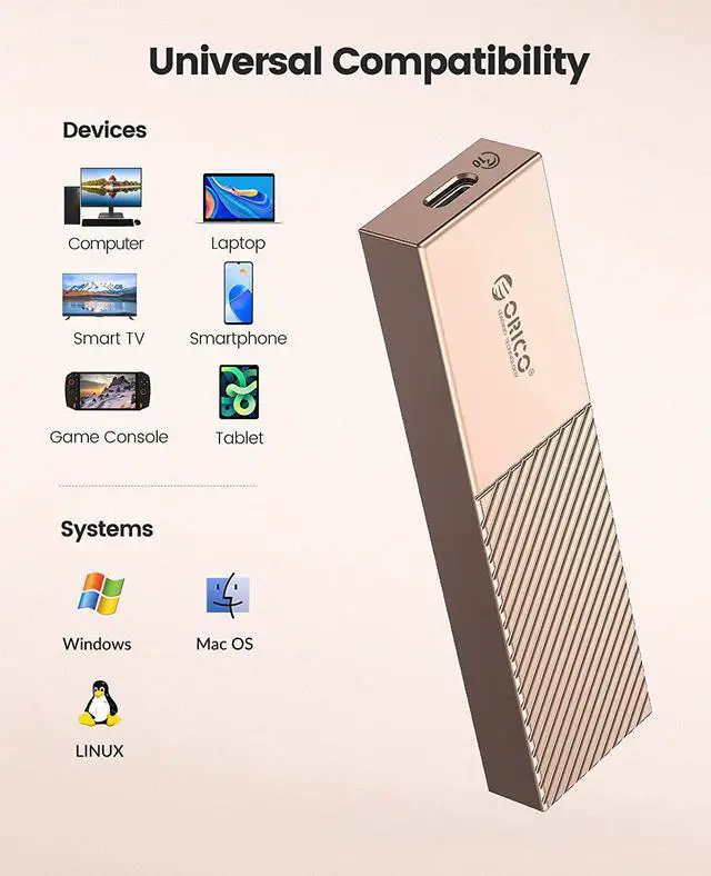 Alt view image 5 of 7 - ORICO Aluminum M.2 NVMe SSD Enclosure USB C to M.2 SSD Enclosure Reader 10Gbps to NVMe M-Key External M2 Adapter Support UASP TRIM - Rose Gold