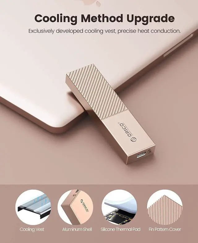 Alt view image 3 of 7 - ORICO Aluminum M.2 NVMe SSD Enclosure USB C to M.2 SSD Enclosure Reader 10Gbps to NVMe M-Key External M2 Adapter Support UASP TRIM - Rose Gold