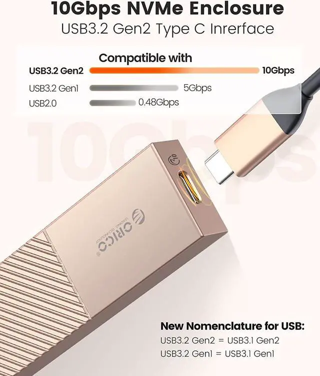 Alt view image 4 of 7 - ORICO Aluminum M.2 NVMe SSD Enclosure USB C to M.2 SSD Enclosure Reader 10Gbps to NVMe M-Key External M2 Adapter Support UASP TRIM - Rose Gold