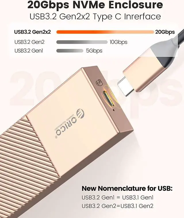 Alt view image 4 of 7 - Orico USB 3.2 Gen2X2 20Gbps for M.2 NVMe SSDs Aluminum External Case - Rose Gold