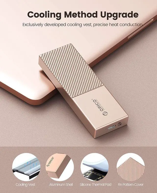 Alt view image 5 of 7 - Orico USB 3.2 Gen2X2 20Gbps for M.2 NVMe SSDs Aluminum External Case - Rose Gold