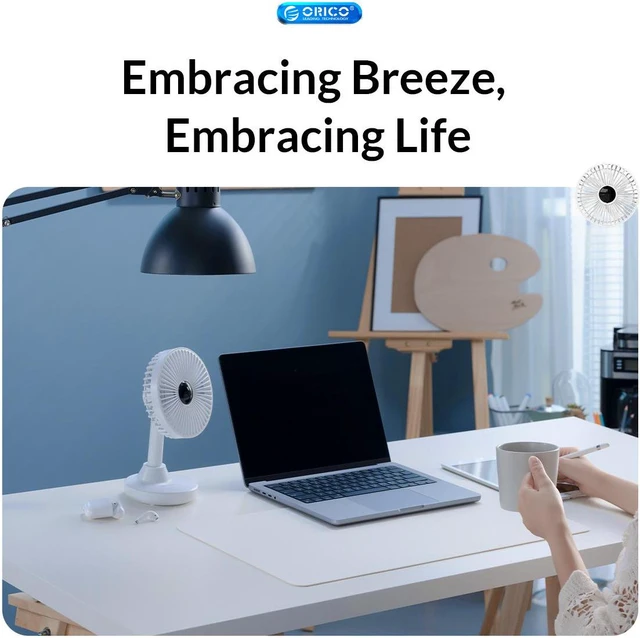 Alt view image 3 of 7 - ORICO Desktop Portable Fan 180 Degree Adjust Noiseless Air Cooler 3000mAh Battery Edition Electric USB Fan for Office/Home - Blue
