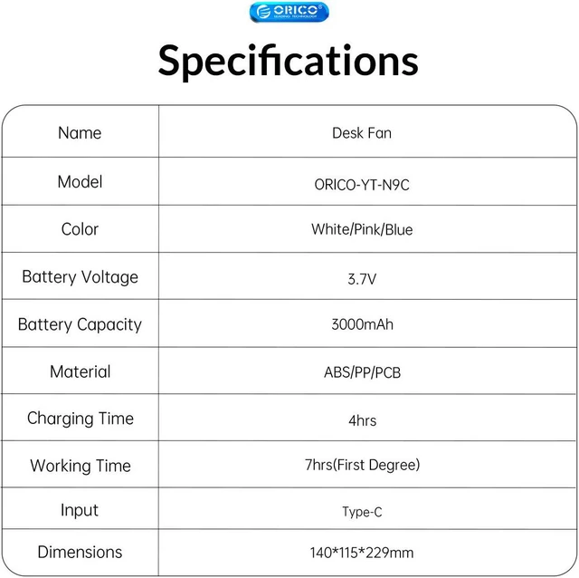 Alt view image 7 of 7 - ORICO Desktop Portable Fan 180 Degree Adjust Noiseless Air Cooler 3000mAh Battery Edition Electric USB Fan for Office/Home - Blue