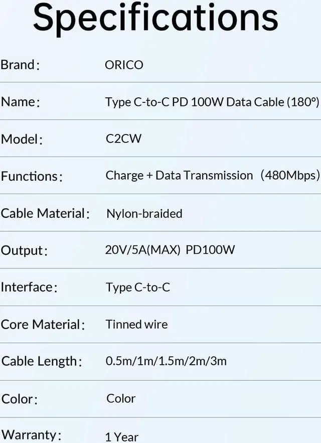 Alt view image 7 of 7 - ORICO USB C Cable Nylon-braided USB C to USB C Cale PD 100W Charging and Data Transmission 480Mbps PD Type C Charging Cable for MacBook Pro Air, iPad Pro, Switch PS5, Huawei Samsung