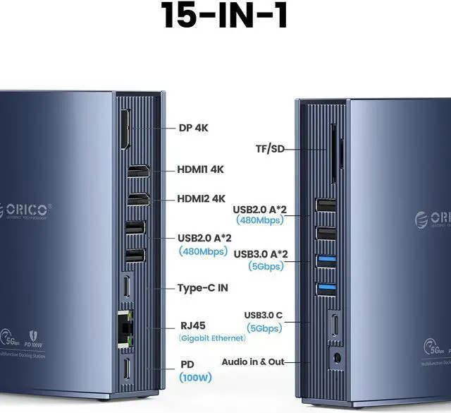Alt view image 2 of 7 - USB C Docking Station ORICO 15 in 1 USB HUB for MacBook Triple display Type C to 4K HDMI-Compatible-compatible DP USB 3.0 HUB RJ45 3.5mm PD Splitter for Windows Mac OS