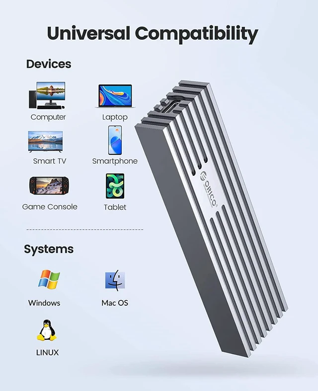 Alt view image 3 of 7 - ORICO M.2 NVMe/SATA Dual Protocols SSD Enclosure USB Type-C 10Gbps USB3.2 Gen2 for NVMe M-Key/M+B Key SSD or NGFF(SATA) B-Key/ B+M Key SSD(Cooling Vest, UASP, Trim) - Gray