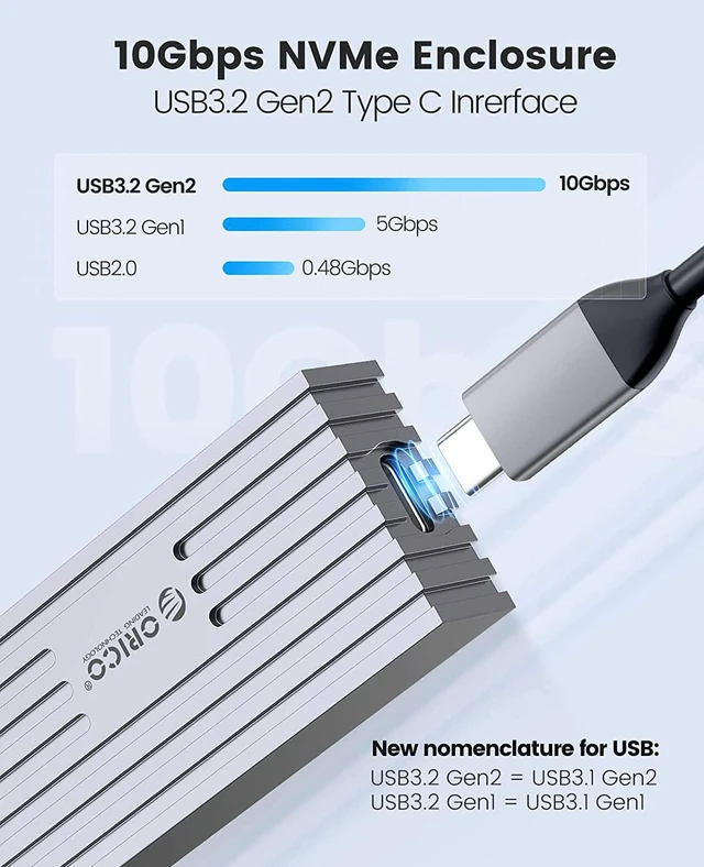 Alt view image 6 of 7 - ORICO M.2 NVMe/SATA Dual Protocols SSD Enclosure USB Type-C 10Gbps USB3.2 Gen2 for NVMe M-Key/M+B Key SSD or NGFF(SATA) B-Key/ B+M Key SSD(Cooling Vest, UASP, Trim) - Gray