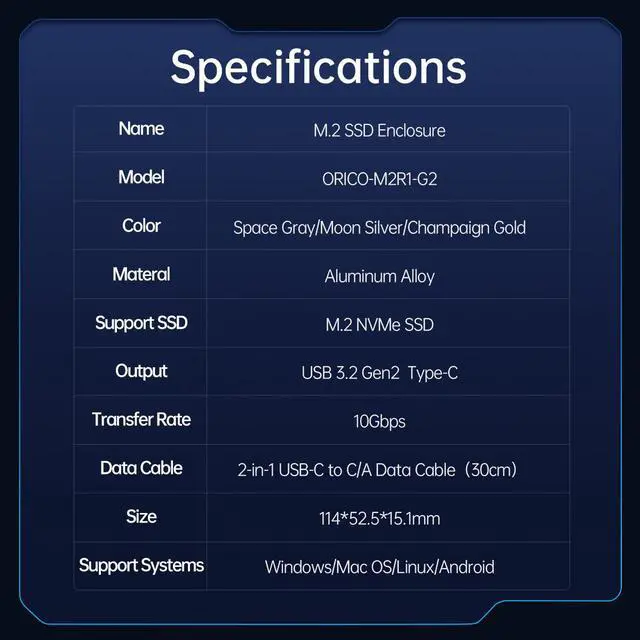 Alt view image 7 of 7 - ORICO M.2 NVMe SSD Enclosure Aluminum RGB Reader USB 3.1 Gen2 Type-C 10Gbps Support UASP for NVMe SSD Size 2230/2242/2260/2280 - Rose Gold