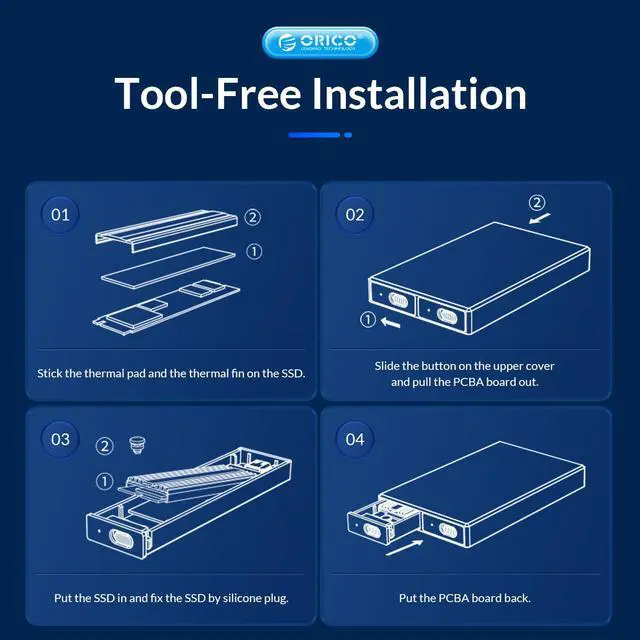 Alt view image 6 of 7 - ORICO M.2 NVMe and SATA SSD Dual Bay Aluminum SSD Enclosure USB3.2 Gen2 USB C for Dual Protocols SSD With USB C to C/A 2-in-1 Cable M.2 NVMe / NGFF SSD