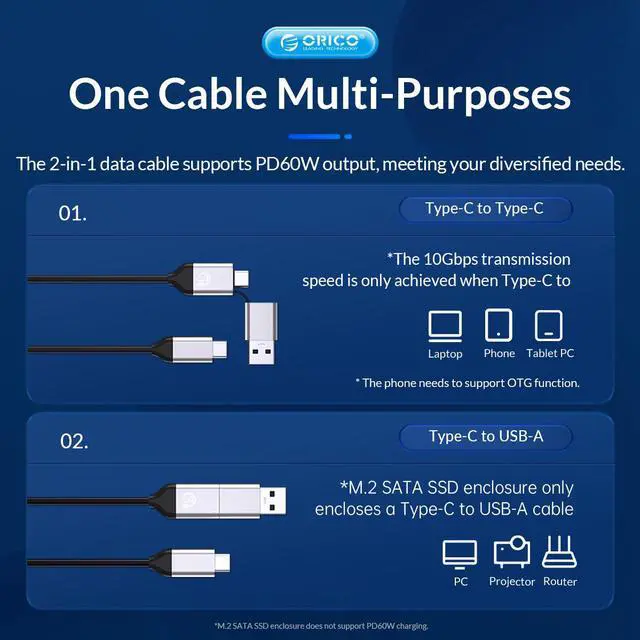 Alt view image 5 of 7 - ORICO M.2 NVMe and SATA SSD Dual Bay Aluminum SSD Enclosure USB3.2 Gen2 USB C for Dual Protocols SSD With USB C to C/A 2-in-1 Cable M.2 NVMe / NGFF SSD