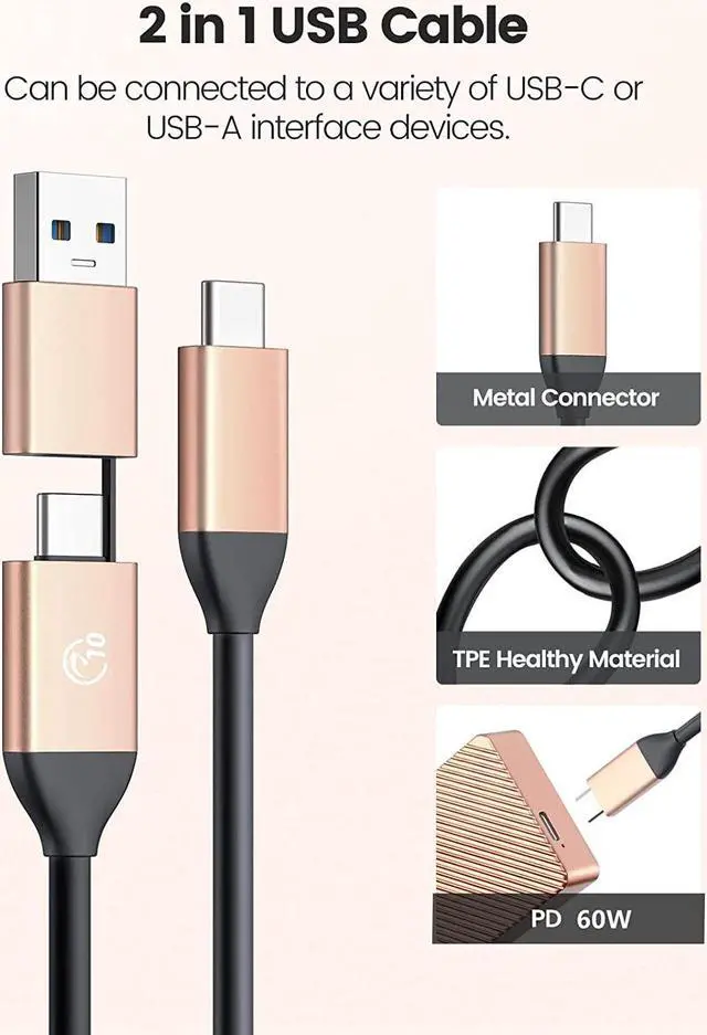 Alt view image 6 of 7 - ORICO M.2 NVMe SSD Enclosure Adapter Aluminum 10Gbps USB 3.2 Gen2 with USB-C/USB-A 2-in-1 Data Cable Supports M-Key or B&M Key, Support Size 2230/2242/2260/2280 SSDs - Rose Gold