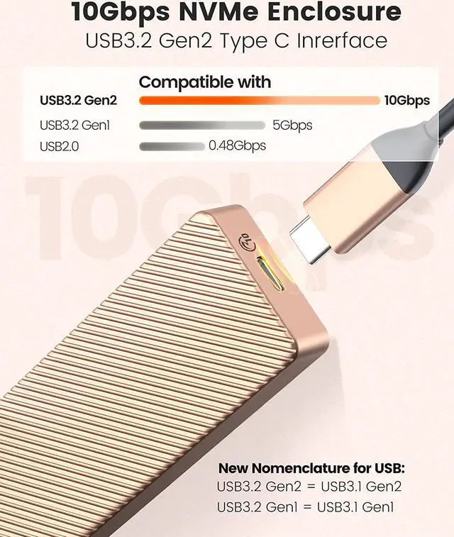 Alt view image 2 of 7 - ORICO M.2 NVMe SSD Enclosure Adapter Aluminum 10Gbps USB 3.2 Gen2 with USB-C/USB-A 2-in-1 Data Cable Supports M-Key or B&M Key, Support Size 2230/2242/2260/2280 SSDs - Rose Gold