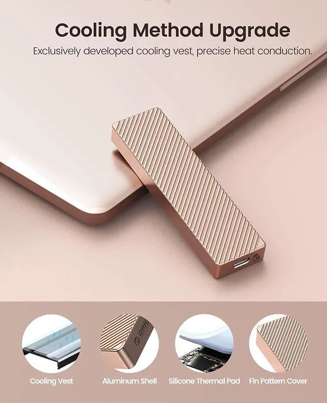 Alt view image 5 of 7 - ORICO M.2 NVMe SSD Enclosure Adapter Aluminum 10Gbps USB 3.2 Gen2 with USB-C/USB-A 2-in-1 Data Cable Supports M-Key or B&M Key, Support Size 2230/2242/2260/2280 SSDs - Rose Gold