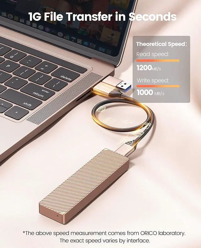 Alt view image 3 of 7 - ORICO M.2 NVMe SSD Enclosure Adapter Aluminum 10Gbps USB 3.2 Gen2 with USB-C/USB-A 2-in-1 Data Cable Supports M-Key or B&M Key, Support Size 2230/2242/2260/2280 SSDs - Rose Gold