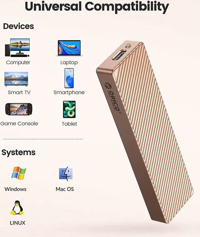 Alt view image 4 of 7 - ORICO M.2 NVMe SSD Enclosure Adapter Aluminum 10Gbps USB 3.2 Gen2 with USB-C/USB-A 2-in-1 Data Cable Supports M-Key or B&M Key, Support Size 2230/2242/2260/2280 SSDs - Rose Gold