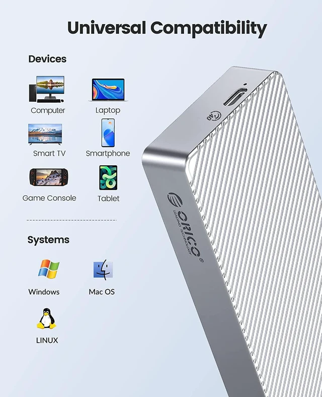 Alt view image 6 of 7 - ORICO M.2 NVMe SSD Enclosure Adapter Aluminum 40Gbps USB4 with USB-C/USB-A 2-in-1 Data Cable Supports M-Key or B&M Key, Support Size 2230/2242/2260/2280 SSDs - Silver