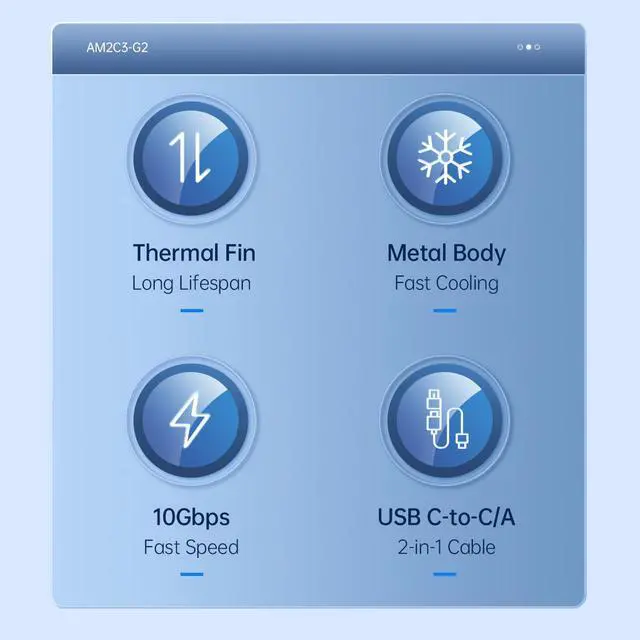 Alt view image 3 of 7 - ORICO Aluminium NVMe M.2 SSD Enclosure USB3.2 Gen2 10Gbps USB C Support Up to 4TB SSD With C to C/A 2-in-1 Cable With Built-in Cooling Vest With Cover
