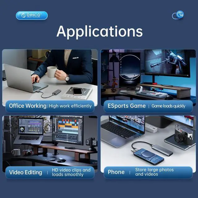 Alt view image 6 of 7 - ORICO Aluminium NVMe M.2 SSD Enclosure USB3.2 Gen2 10Gbps USB C Support Up to 4TB SSD With C to C/A 2-in-1 Cable With Built-in Cooling Vest With Cover