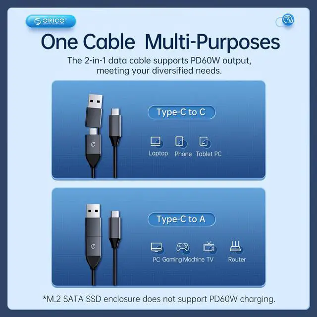 Alt view image 5 of 7 - ORICO Aluminium NVMe M.2 SSD Enclosure USB3.2 Gen2 10Gbps USB C Support Up to 4TB SSD With C to C/A 2-in-1 Cable With Built-in Cooling Vest With Cover