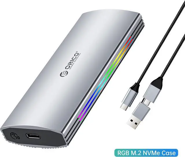 Main image of ORICO M.2 RGB NVMe SSD Enclosure Aluminum Alloy USB 3.1 Gen2 Type-C 10Gbps Support UASP for NVMe SSD Size 2230/2242/2260/2280 - Silver