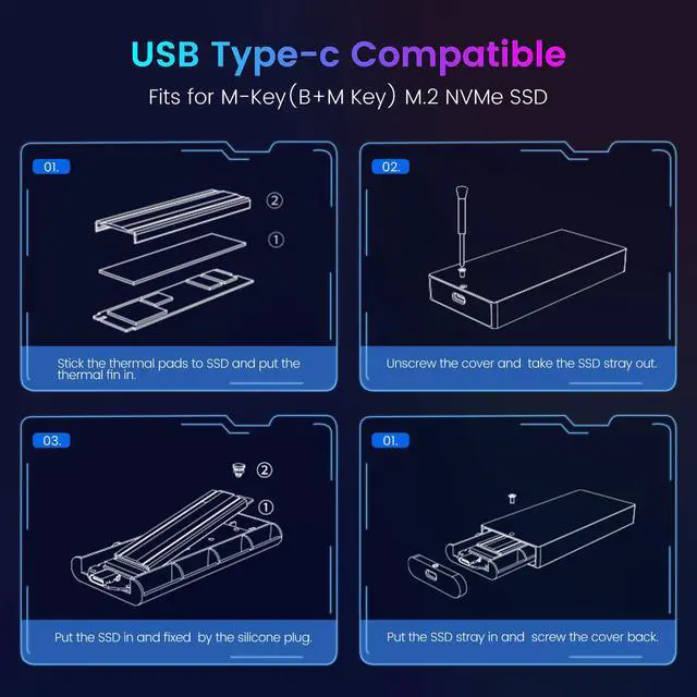 Alt view image 6 of 7 - ORICO M.2 RGB NVMe SSD Enclosure Aluminum Alloy USB 3.1 Gen2 Type-C 10Gbps Support UASP for NVMe SSD Size 2230/2242/2260/2280 - Gray