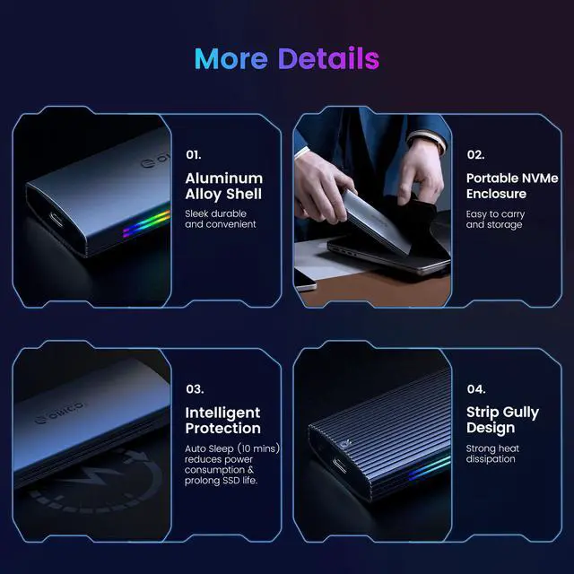 Alt view image 7 of 7 - ORICO M.2 RGB NVMe SSD Enclosure Aluminum Alloy USB 3.1 Gen2 Type-C 10Gbps Support UASP for NVMe SSD Size 2230/2242/2260/2280 - Gray