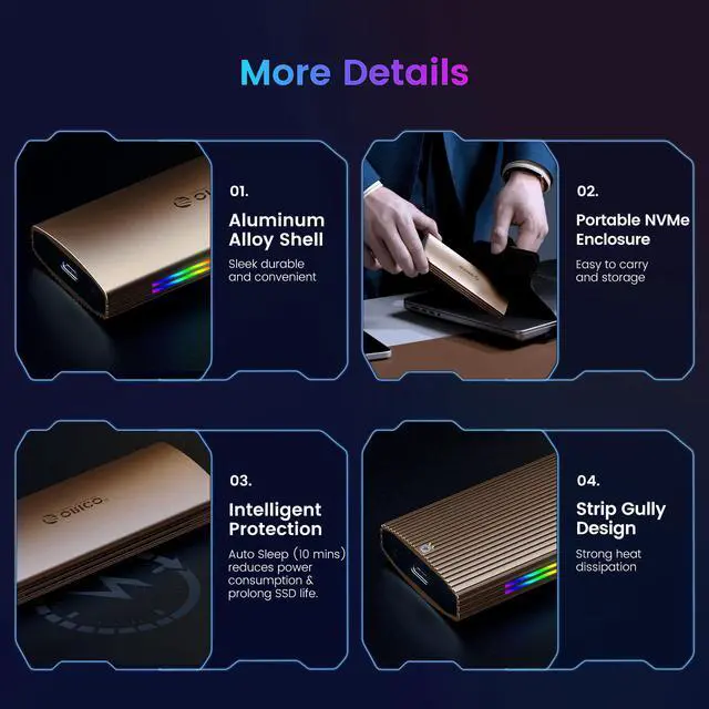 Alt view image 7 of 7 - ORICO M.2 RGB NVMe SSD Enclosure Aluminum Alloy USB 3.1 Gen2 Type-C 10Gbps Support UASP for NVMe SSD Size 2230/2242/2260/2280 - Rose Gold