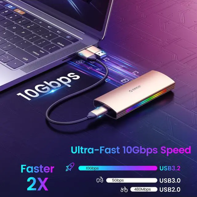 Alt view image 2 of 7 - ORICO M.2 RGB NVMe SSD Enclosure Aluminum Alloy USB 3.1 Gen2 Type-C 10Gbps Support UASP for NVMe SSD Size 2230/2242/2260/2280 - Rose Gold
