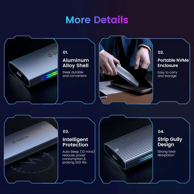 Alt view image 7 of 7 - ORICO M.2 RGB NVMe SSD Enclosure Aluminum Alloy USB 3.1 Gen2 Type-C 10Gbps Support UASP for NVMe SSD Size 2230/2242/2260/2280 - Silver