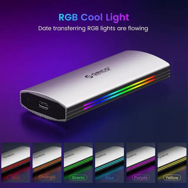 Alt view image 4 of 7 - ORICO M.2 RGB NVMe SSD Enclosure Aluminum Alloy USB 3.1 Gen2 Type-C 10Gbps Support UASP for NVMe SSD Size 2230/2242/2260/2280 - Silver