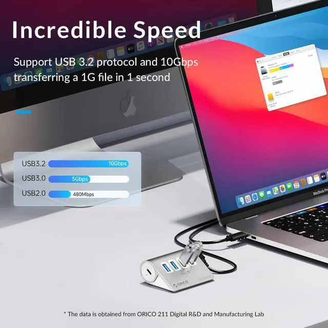 Alt view image 5 of 7 - ORICO Aluminum 10Gbps USB 3.2 HUB 4 Port  SuperSpeed Powered PD60W Charger Type C Splitter With Power Adapter for MacBook PC Accessories Silver 7 x USB 3.2 Port & 3.3ft Cable 10Gbps