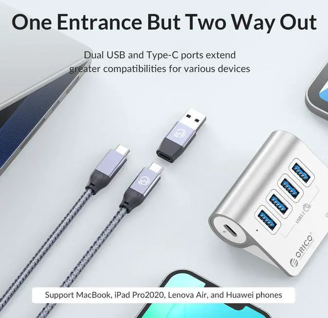Alt view image 6 of 7 - ORICO Aluminum 10Gbps USB 3.2 HUB 4 Port  SuperSpeed Powered PD60W Charger Type C Splitter With Power Adapter for MacBook PC Accessories Silver 7 x USB 3.2 Port & 3.3ft Cable 10Gbps