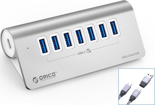 ORICO Powered USB Hub 10Gbps, 7 Port USB 3.2 Gen 2 Hub with 7 USB 3.2 Data  Ports, 5V 3A Power Supply Interface, 1.64Ft USB C to C Cable and USB-A