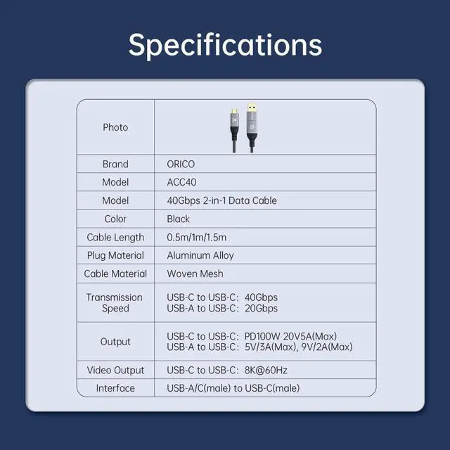 Alt view image 7 of 7 - ORICO 2 In 1 40Gbps USB C Cable PD100W Fast Charger Cord 8K @60Hz HD USB 3.0 to USB C Cable for Macbook Thunderbolt 3 Thunderbolt 4 PS4 4.92 ft.