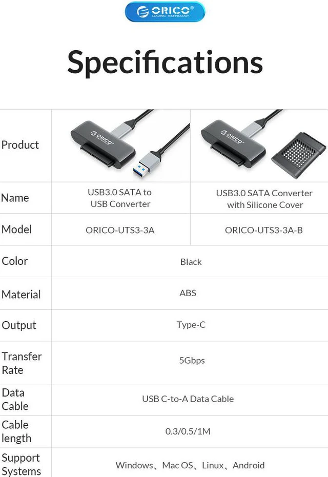 Alt view image 7 of 7 - ORICO SATA to USB Adapter USB 3.0 to Sata 3 Cable Converter Cabo For 2.5 HDD SSD Hard Disk Drive Sata to USB Adapter